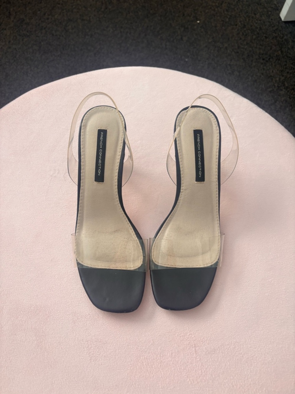 French Connection Black and Clear Square-Toe Slingback Heels
